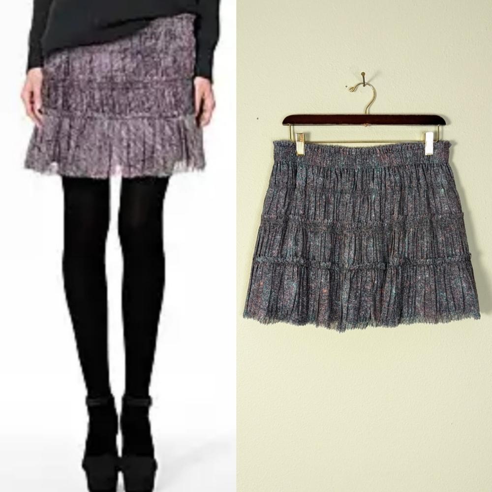 Theory Briona Silk Pleated & Ruffled Mini Skirt  w Burning Glitter Pattern